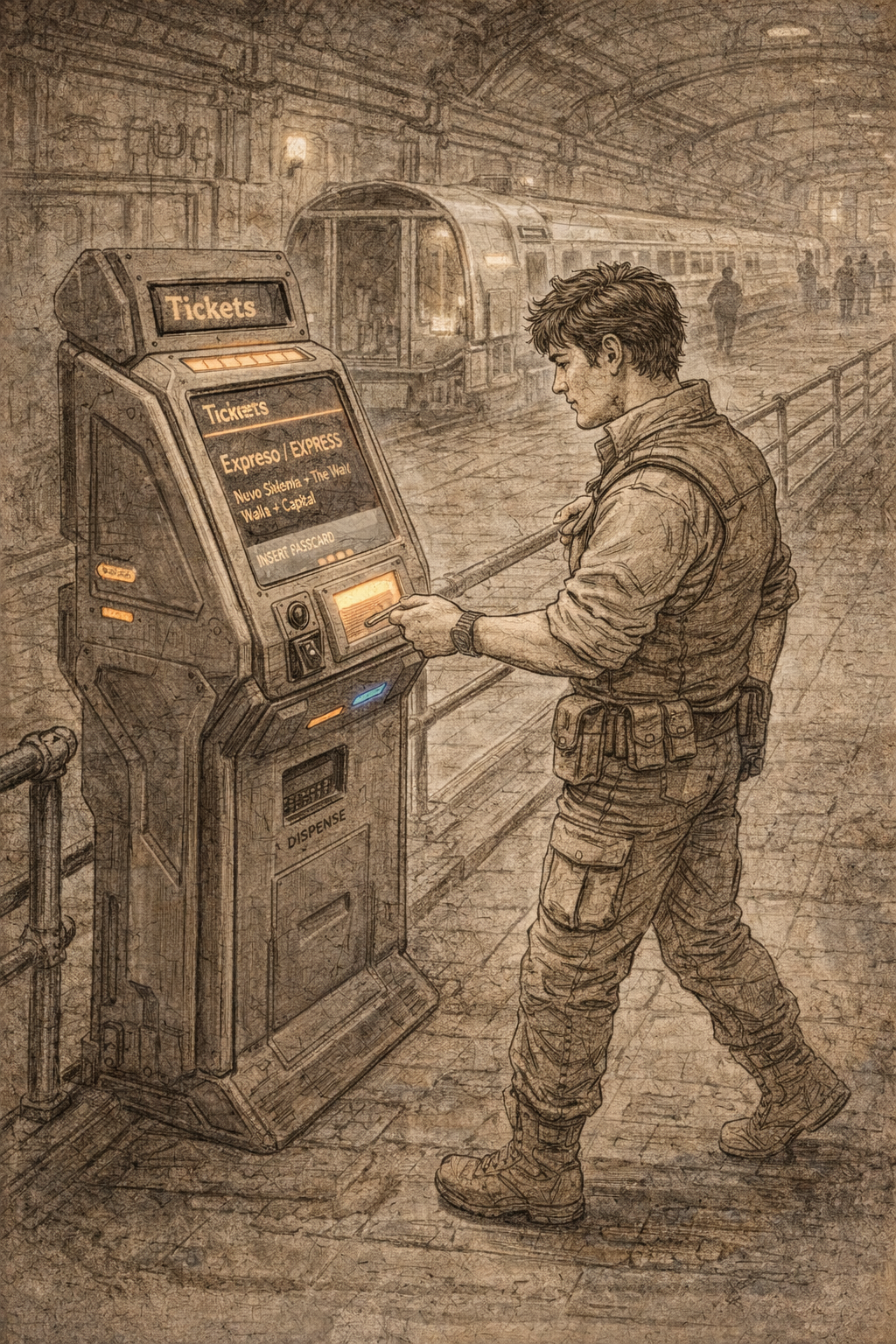 Rath buying an express ticket from a freestanding machine on the raised platform.