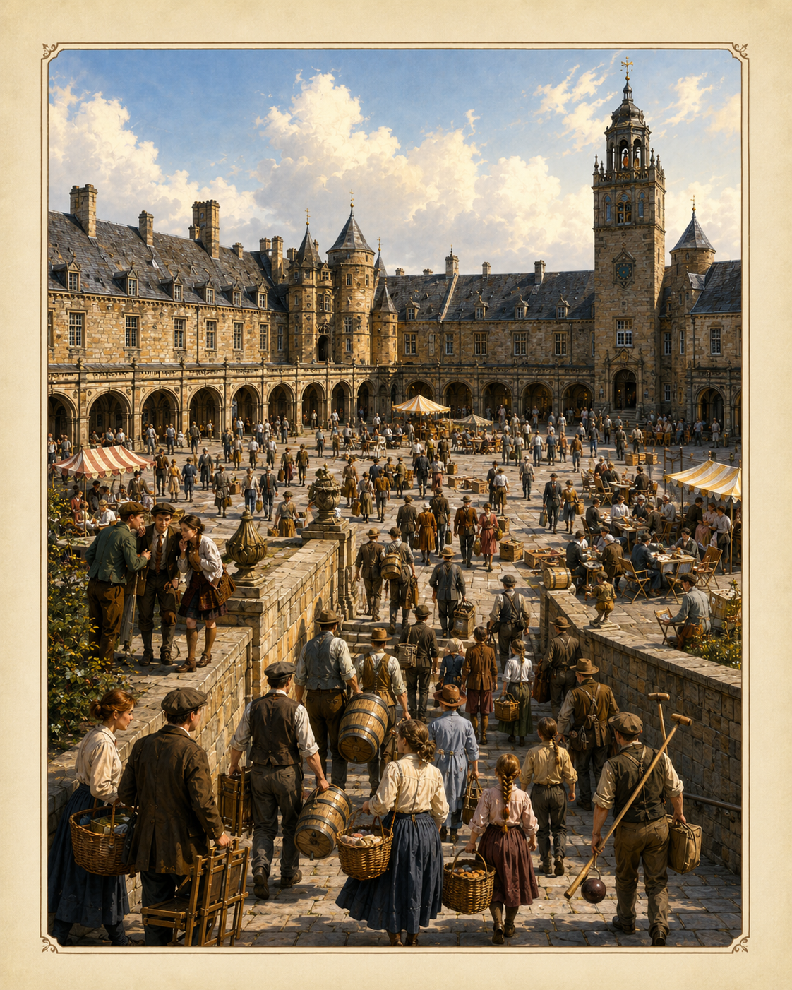 Townsfolk arriving and the picnic becoming a public festival.