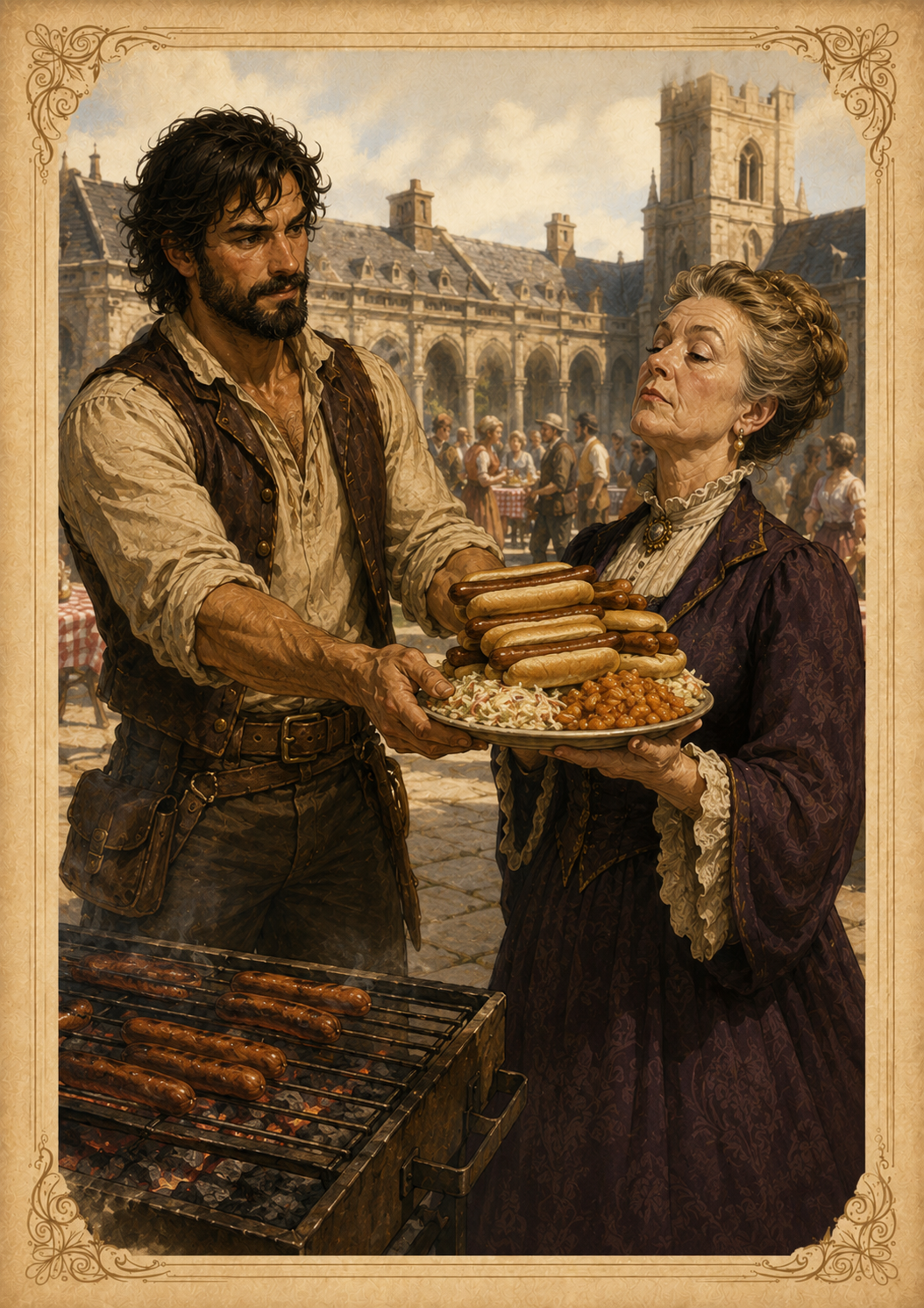 The Decorum Society president loading her plate while lecturing Everett.