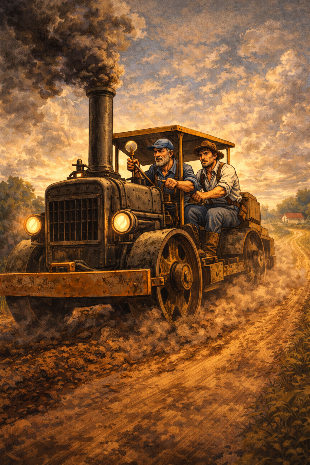 Everett beside a steam road grader on a country road