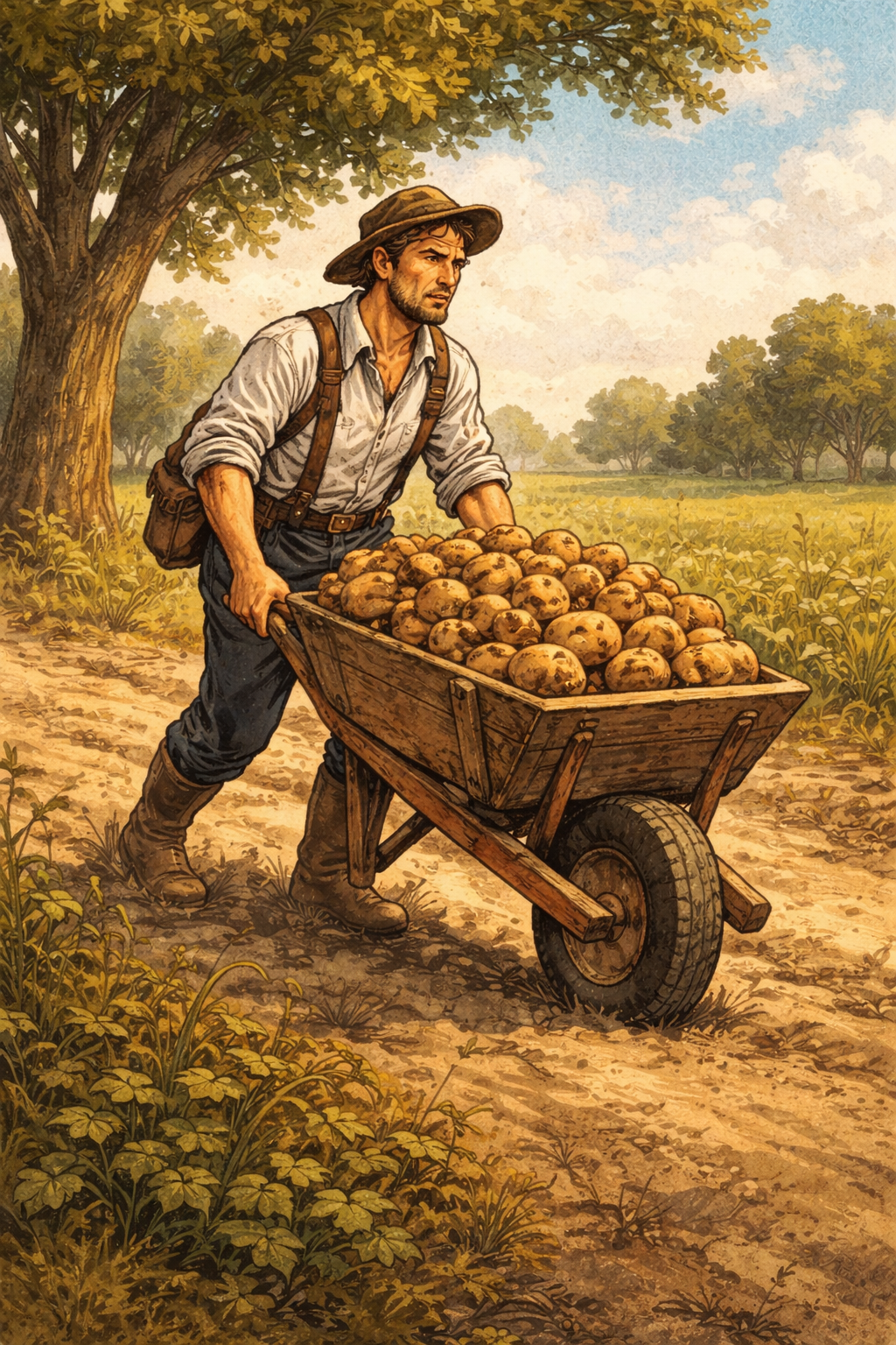 Everett pushing a wheelbarrow piled high with potatoes