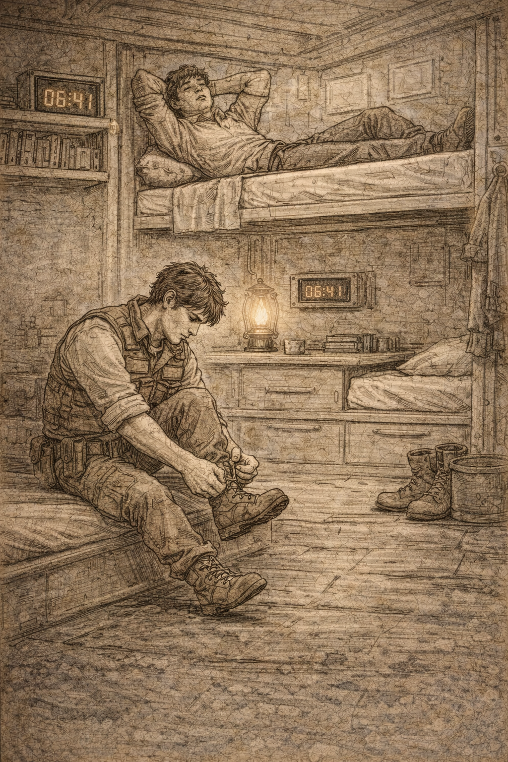 Rath pulling on one boot while Pol remains in his bunk across the compartment.