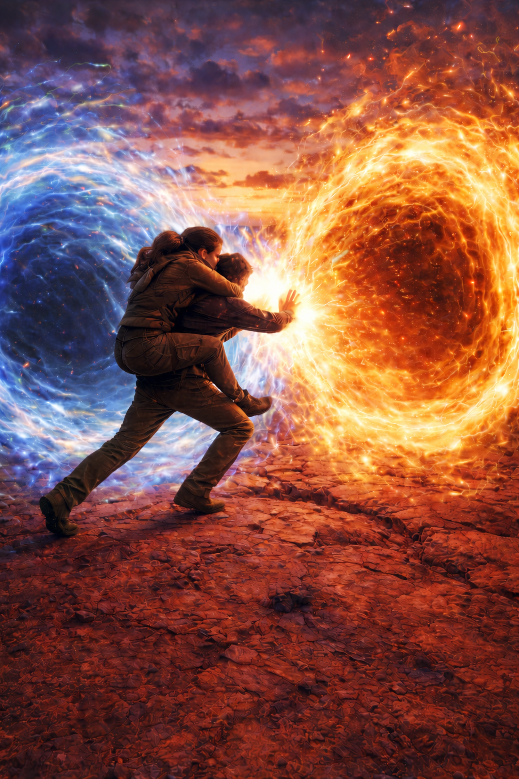 Randall carrying Dew while forcing one Hole toward another across red stone