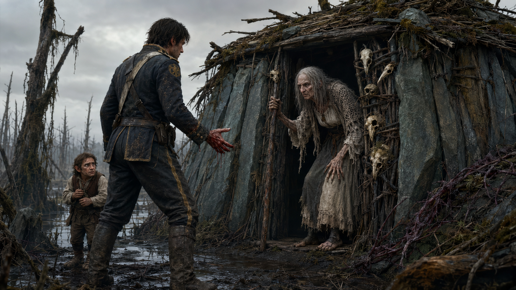 David confronting the Hag of Afon Corle at the doorway of her swamp hovel.