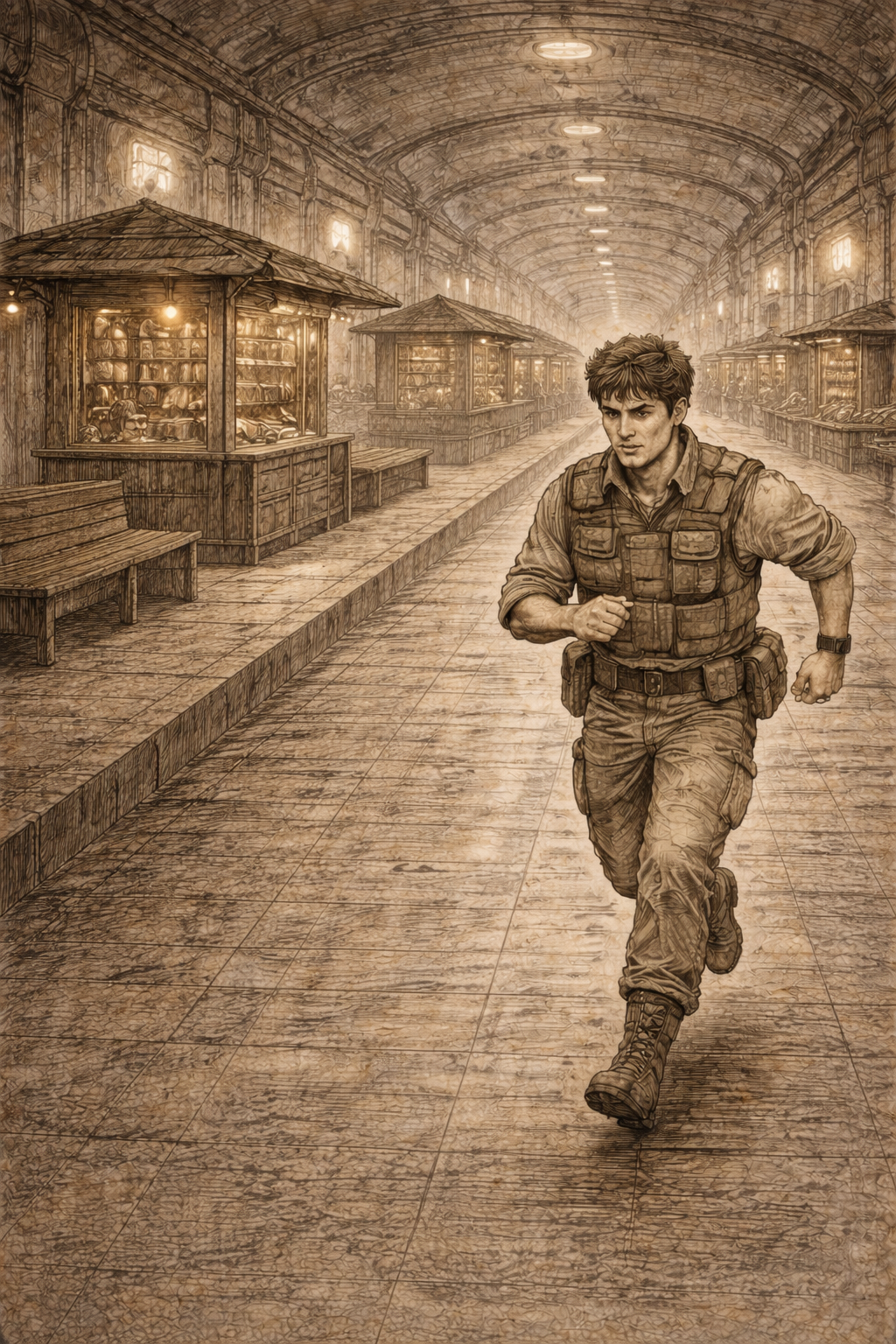 Rath running along the Boulevard in The Wall past kiosks and benches in the median.