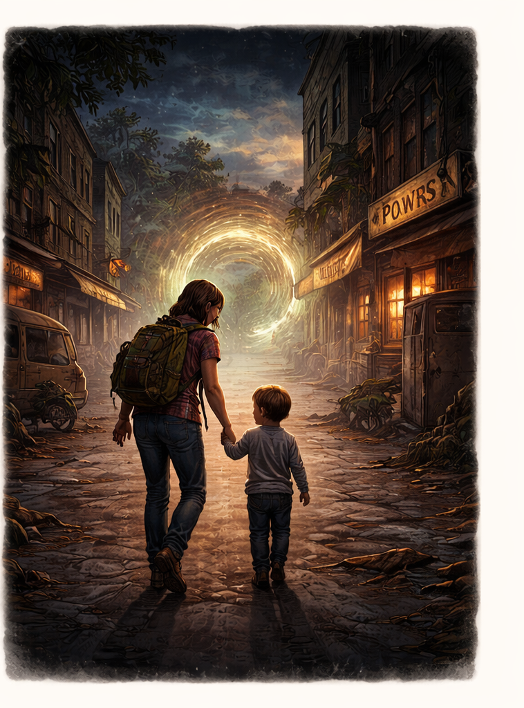 Noelani and Boo walking through a ruined street toward a glowing Hole