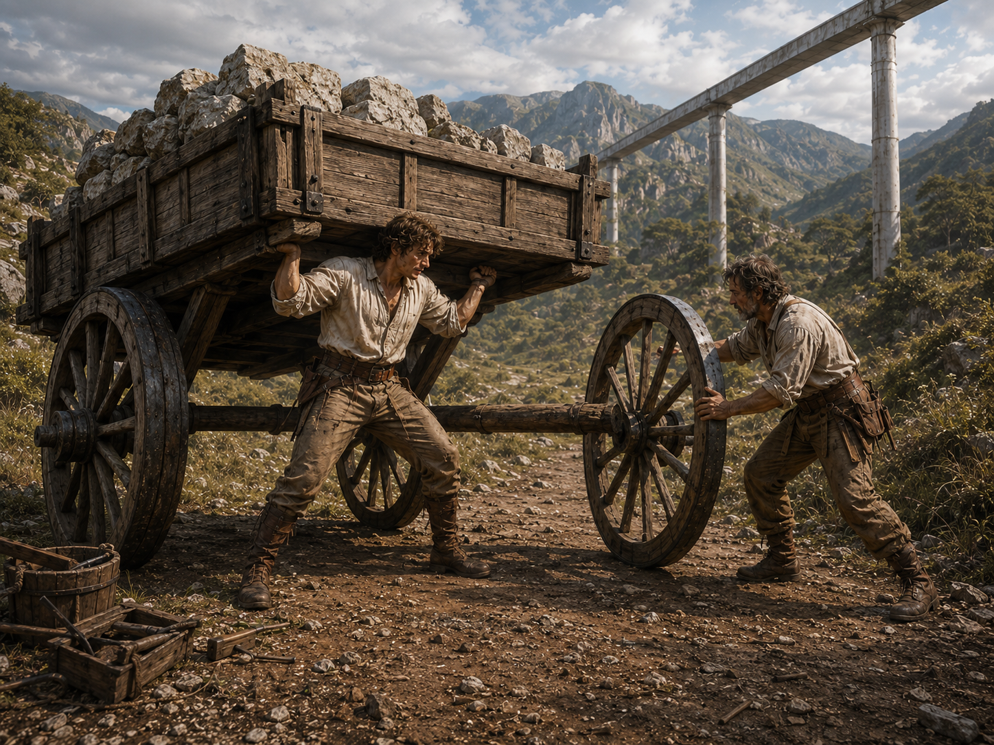 Amos lifts a loaded cart axle while his father fits a repaired wooden wheel beside the abandoned monorail.