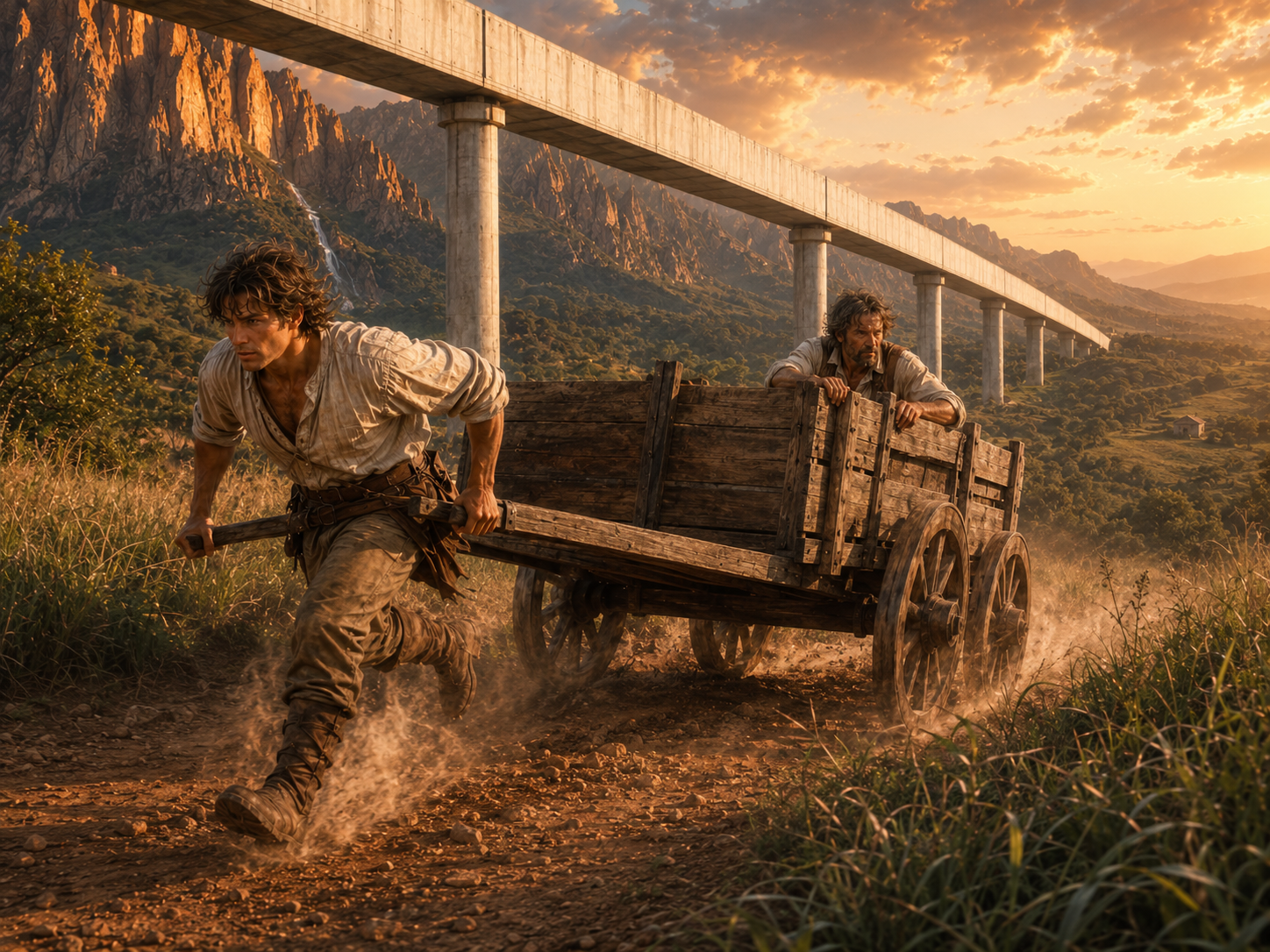 Amos runs at extraordinary speed while pulling a stone cart carrying his father along the monorail track at sunset.