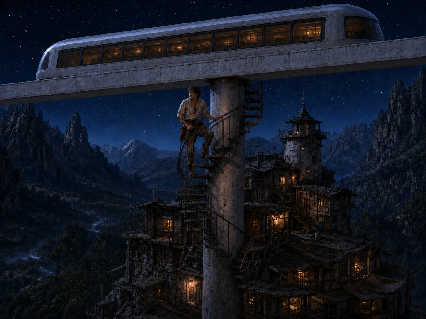 Amos climbs the spiral stair around the monorail pylon toward the carriage that serves as his room beneath a star-filled sky.