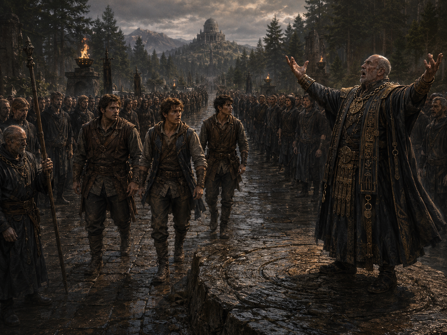 Rath, Fhaeyr, and Aron approach an ancient Judge at the rootstone while a Monitor crowd chants around them.