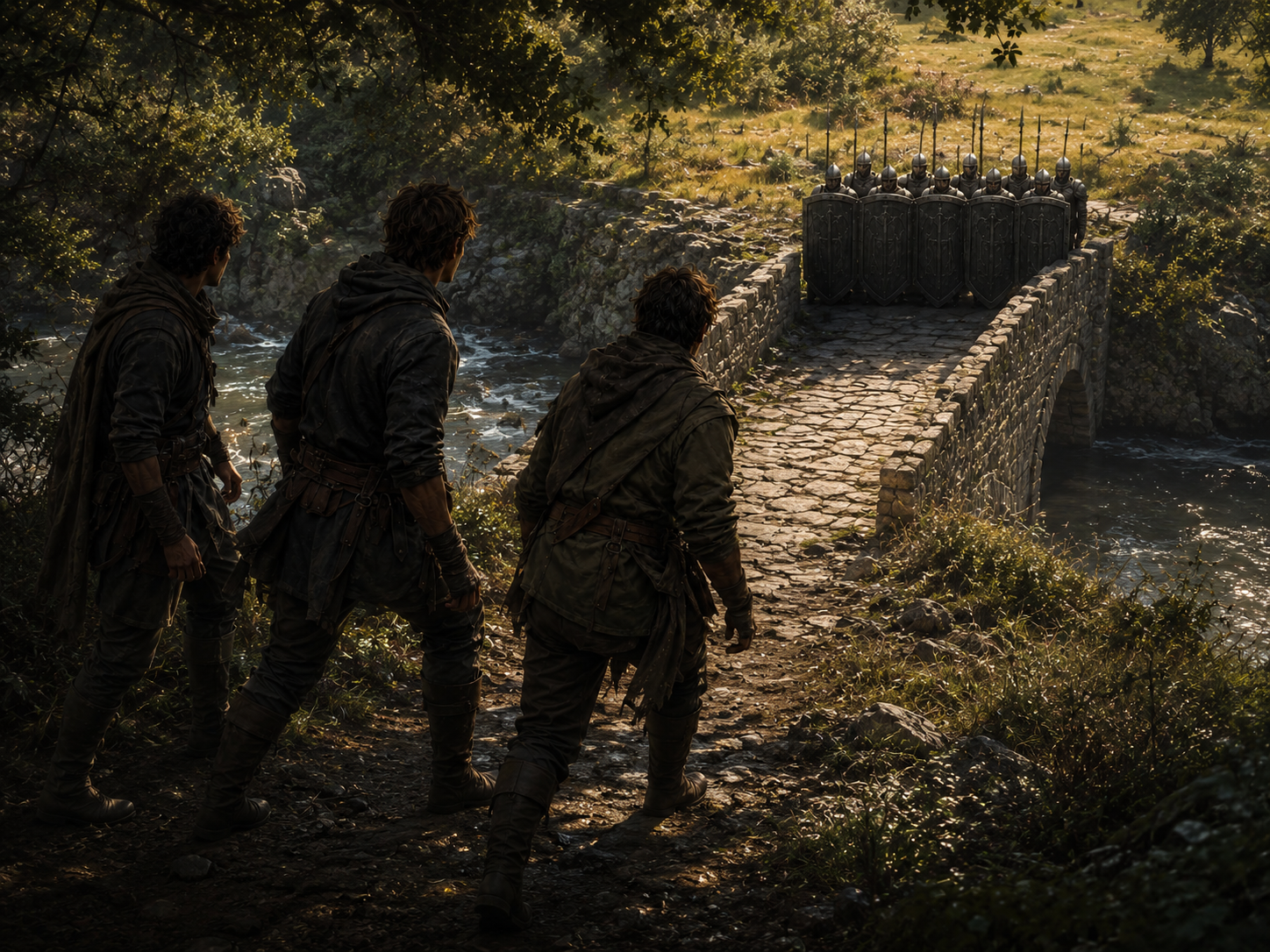 Rath, Fhaeyr, and Aron look down from a wooded rise at ten armored defenders blocking an old stone bridge.