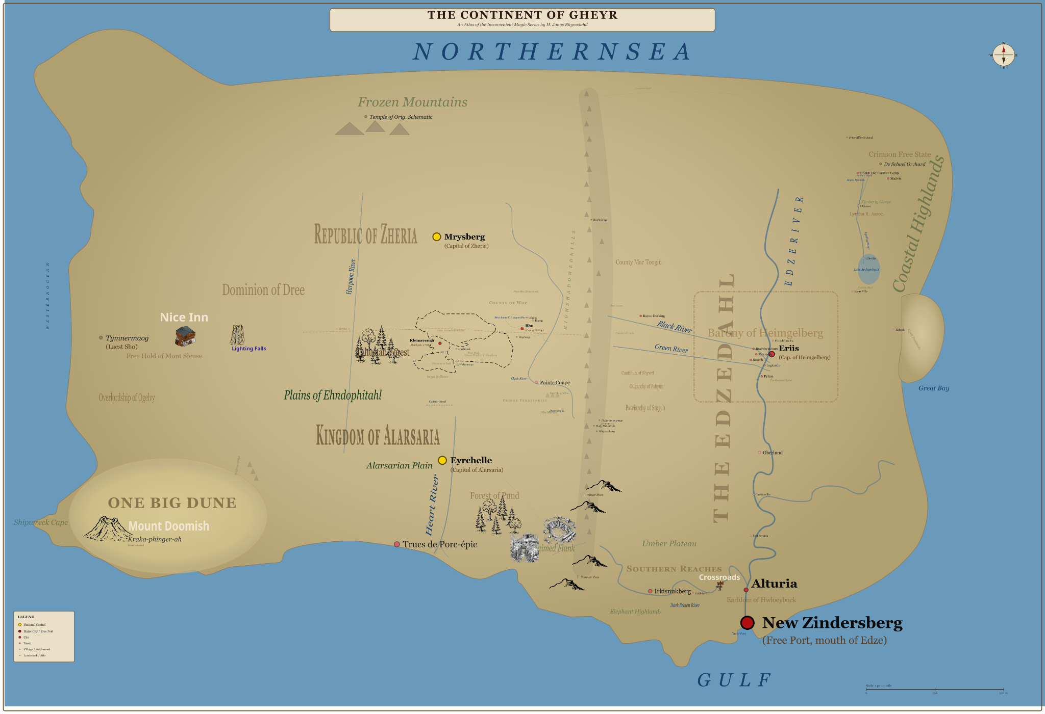 Map of the continent of Gheyr for the Inconvenient Magic series.