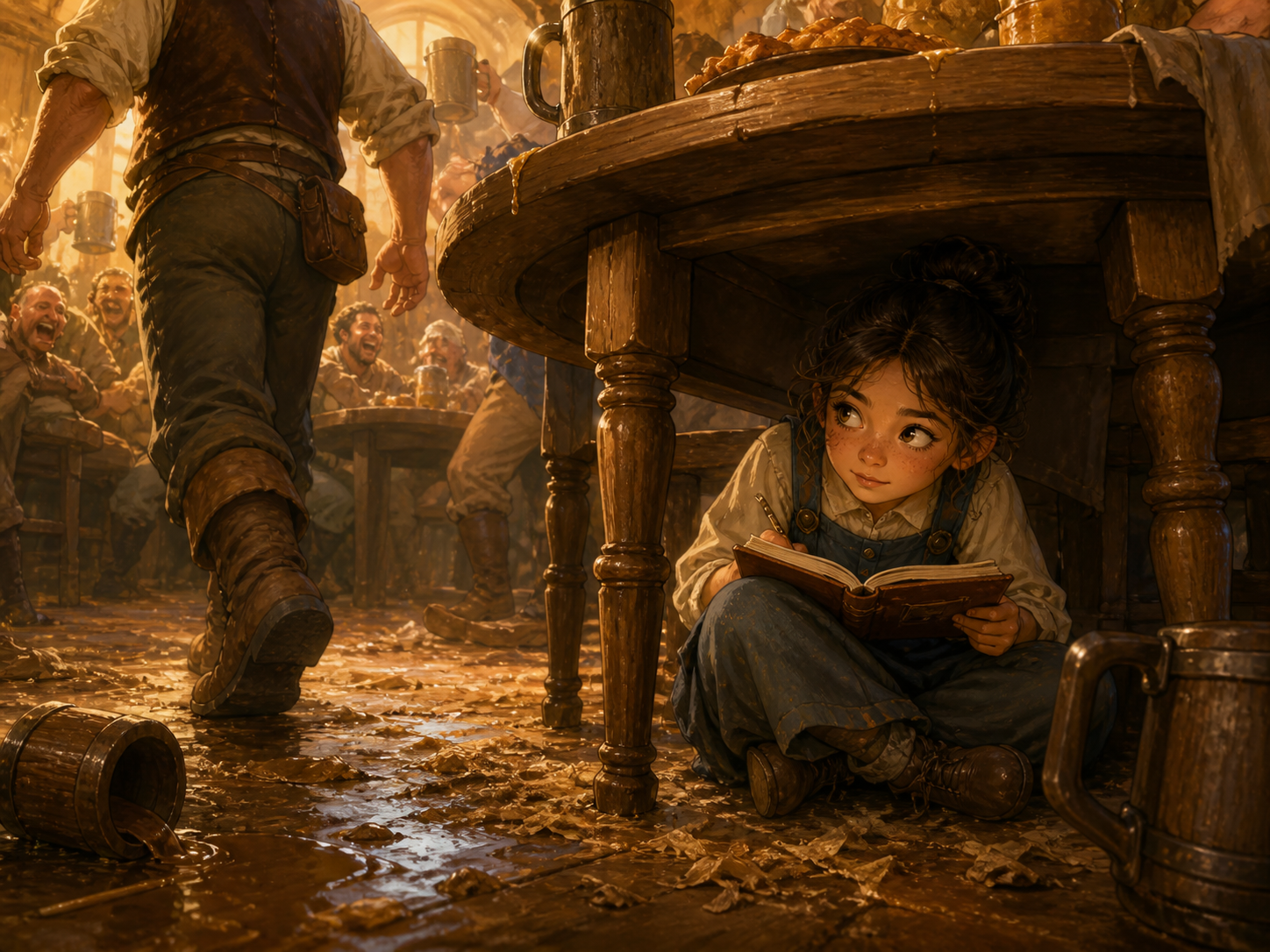 Rose waits beneath a tavern table with her notebook.
