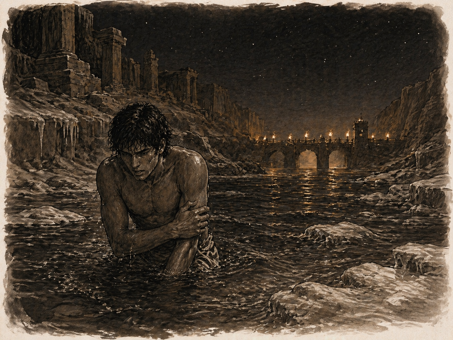 Mar struggling through the freezing river while torchlight burns on the Red Ice Bridge downstream.