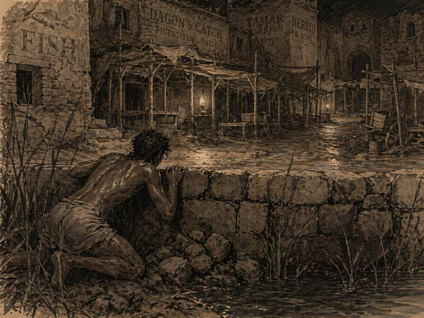 Mar creeping over the levee to look across the empty fish market street under dim imperial lamps.