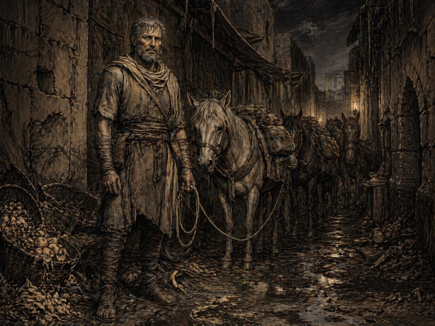 Waleck emerges from the alley with his horse, ponies, and mules, bringing the hidden line out into the street.