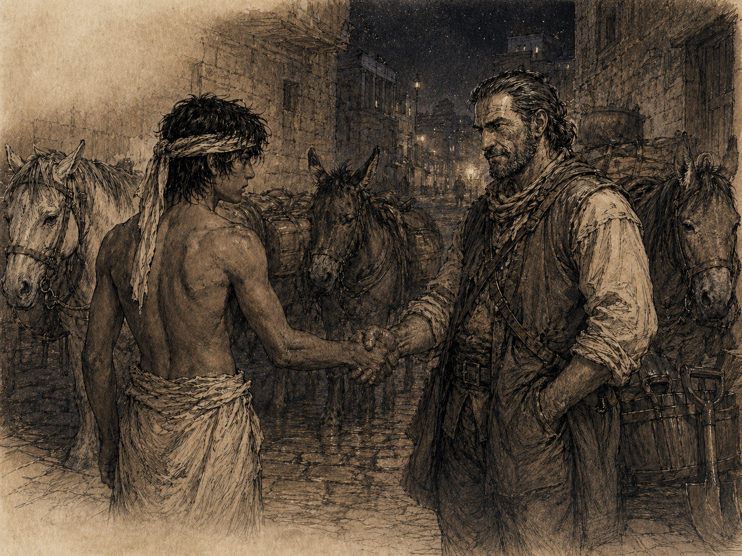Mar and Waleck seal their bargain with a handshake among the ponies and mules in the Lower City street.