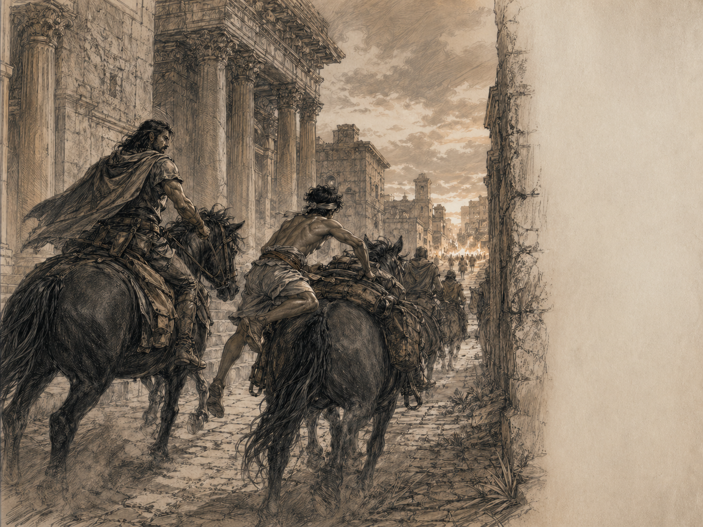 Mar leaps onto the second horse as Waleck leads the line away while distant imperial torchlight approaches through the ruins.