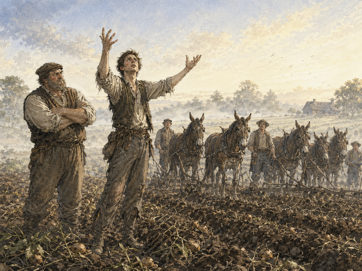 Everett casting his potato spell in a misty field while Olin Ghemenson watches beside waiting mule teams.