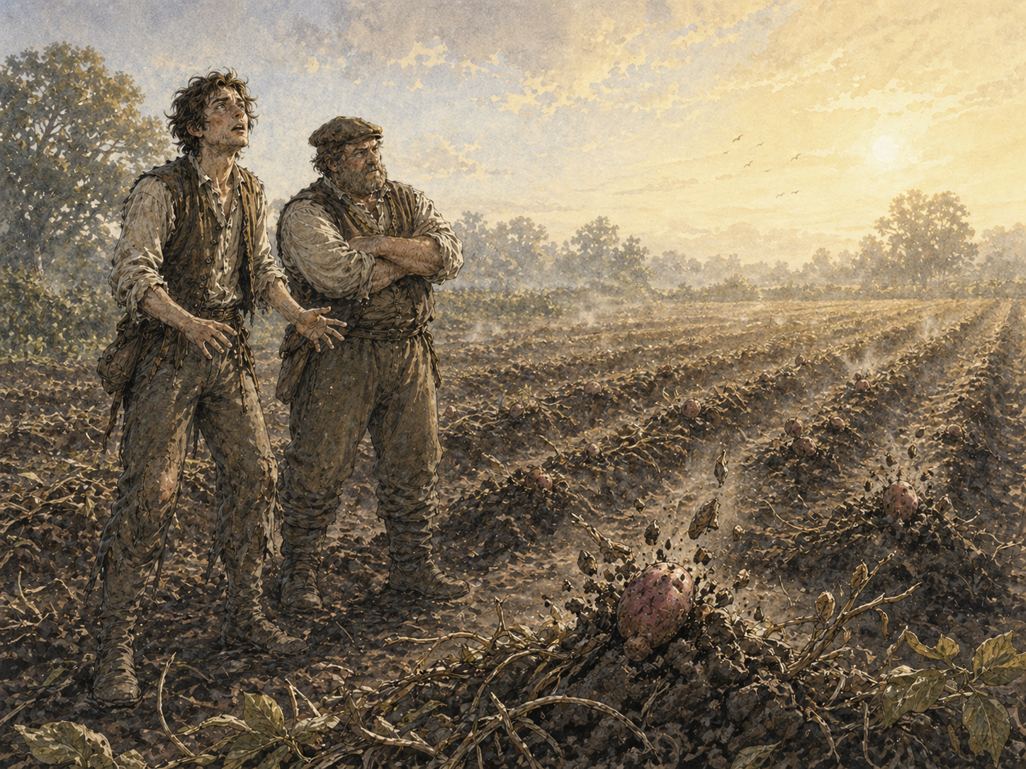 The first red potato breaking through the shifting soil as Everett and Ghemenson watch from the lane.