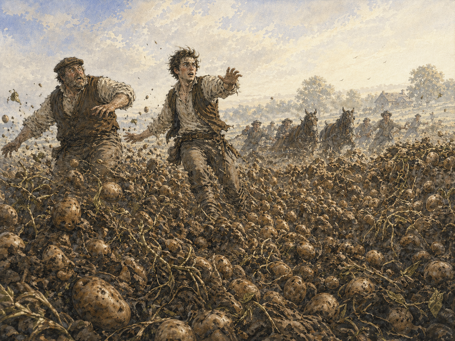 A wave of potatoes and soil rolling through the field as Everett and Ghemenson retreat toward the mule teams.