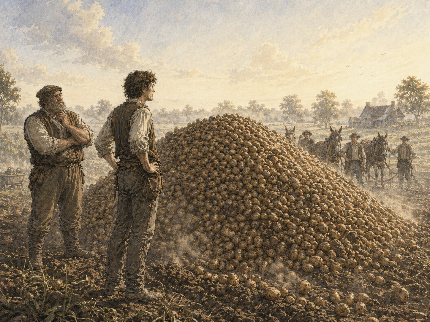 Everett and Ghemenson standing before a tall mound of potatoes piled across the work lane.