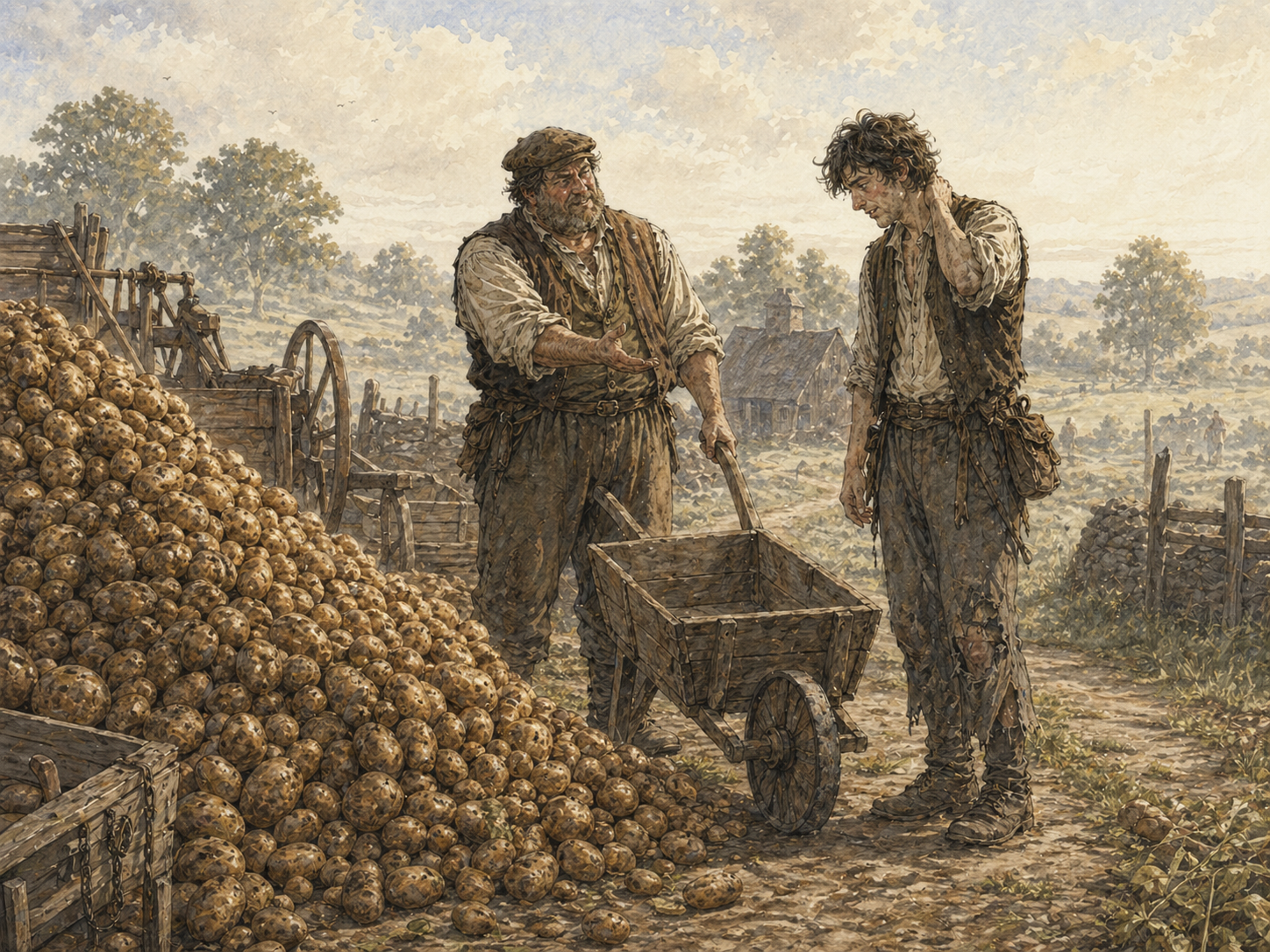 Ghemenson offering Everett an old wooden wheelbarrow beside the pile of potatoes.