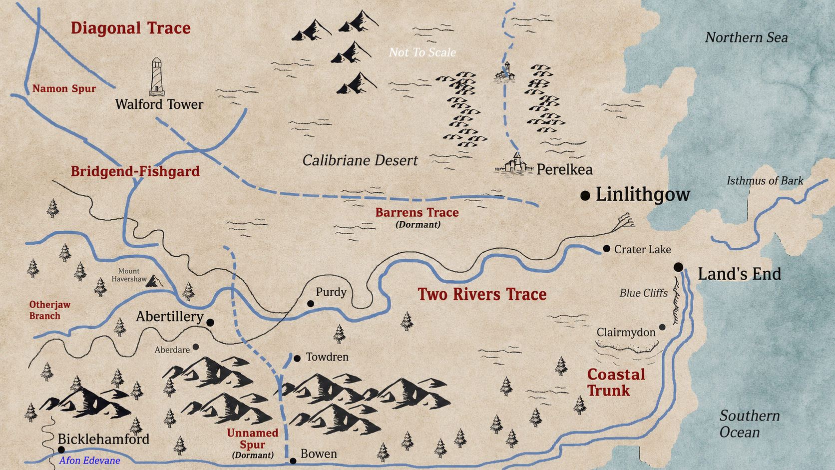 Map for Rider’s Journey showing the Diagonal Trace and surrounding places.