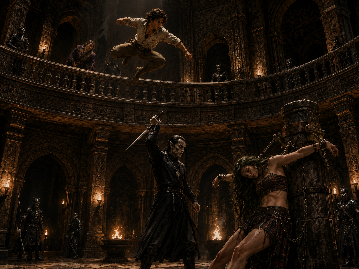 David kicks Pemberton on an upper balcony and vaults toward the executioner approaching the chained Gwenhwyvar below.