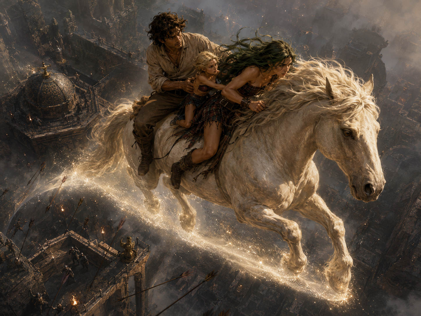 The ivory Uisge carries Gwenhwyvar, a tiny adult Fenodyree, and David into the sky while arrows rise from the temple below.