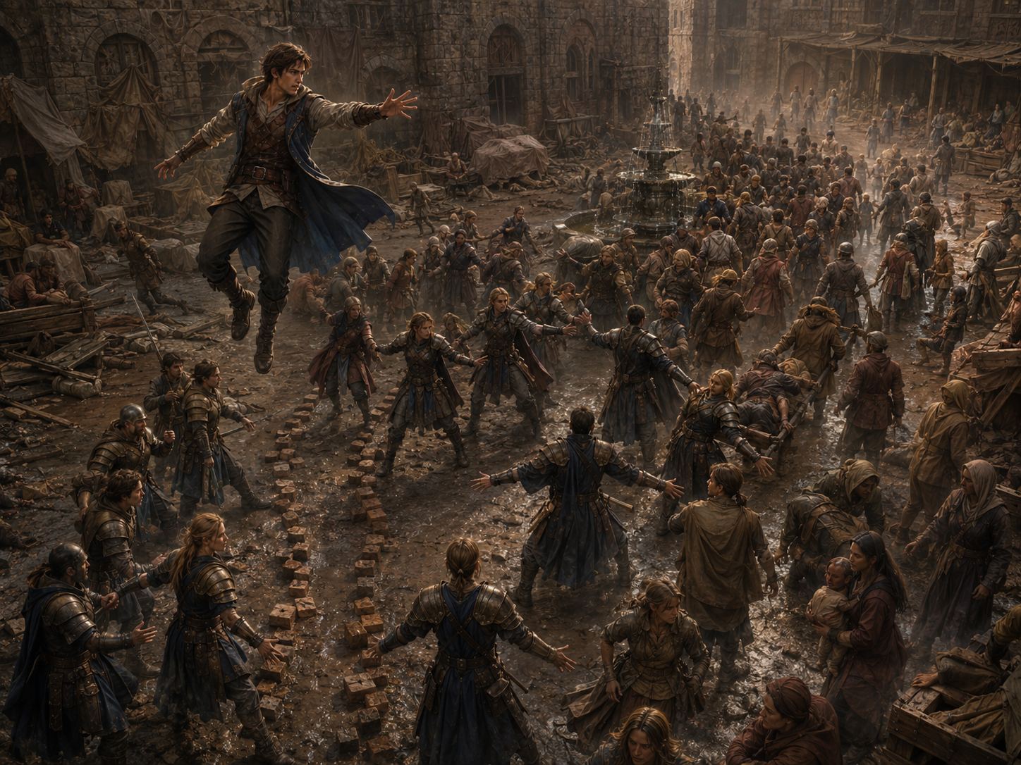 Rath hovers above a muddy courtyard while Shields funnel civilians into the invisible magical Bridge to The Wall.