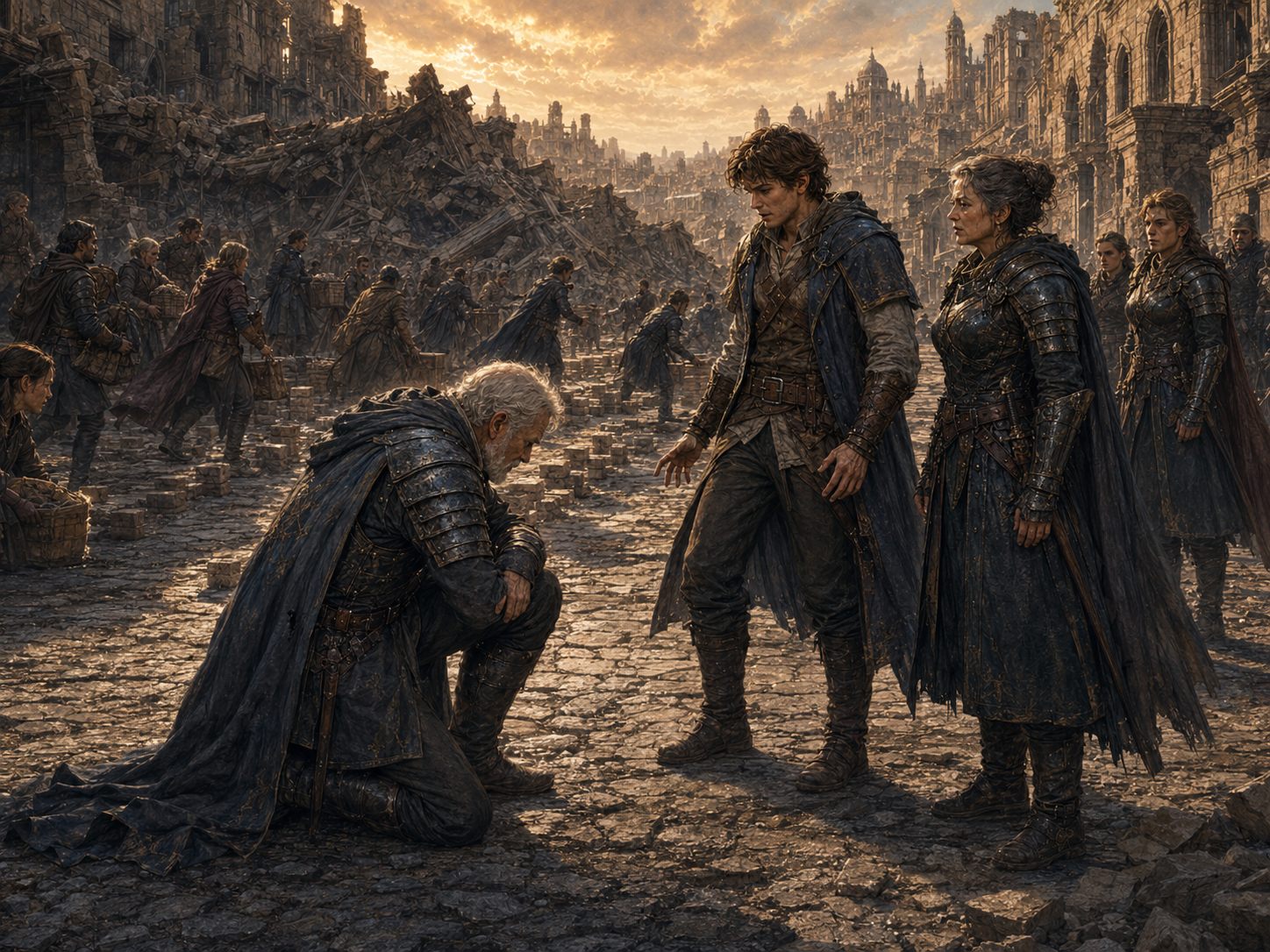 Elder Ehlren kneels before Rath in a ruined street while Shield officers wait for Rath’s orders.